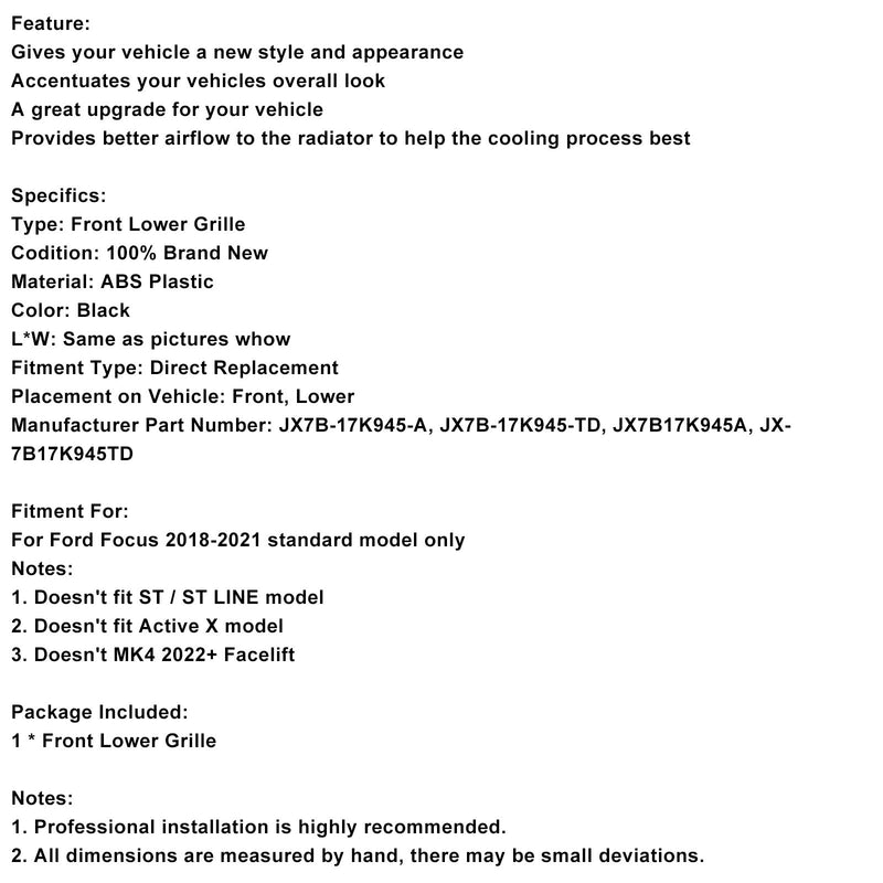 2018–2021 Ford Focus MK4 St Style Frontstoßstange unterer Grill Grille schwarz