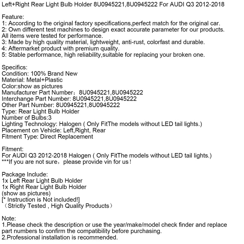 2012–2018 Audi Q3 links + rechts Rücklicht Lampenfassung 8U0945221 8U0945222