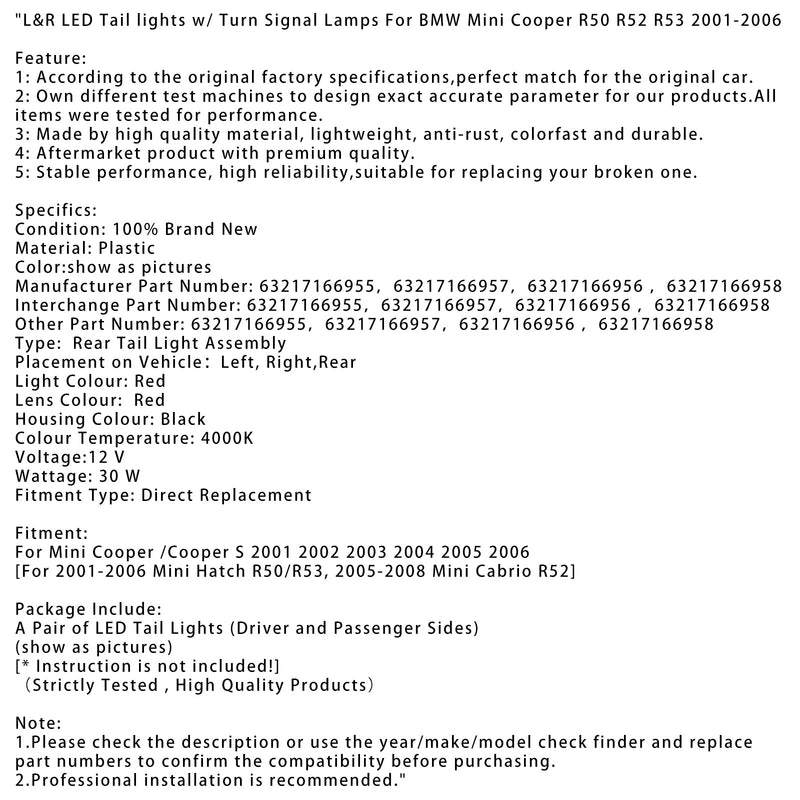 2001 2002 2003 2004 2005 2006 BMW Mini Cooper R50 R52 R53 L y R Luces traseras LED con señales de giro