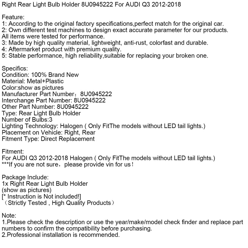 2012–2018 Audi Q3 rechts Rücklicht Lampenfassung 8U0945222