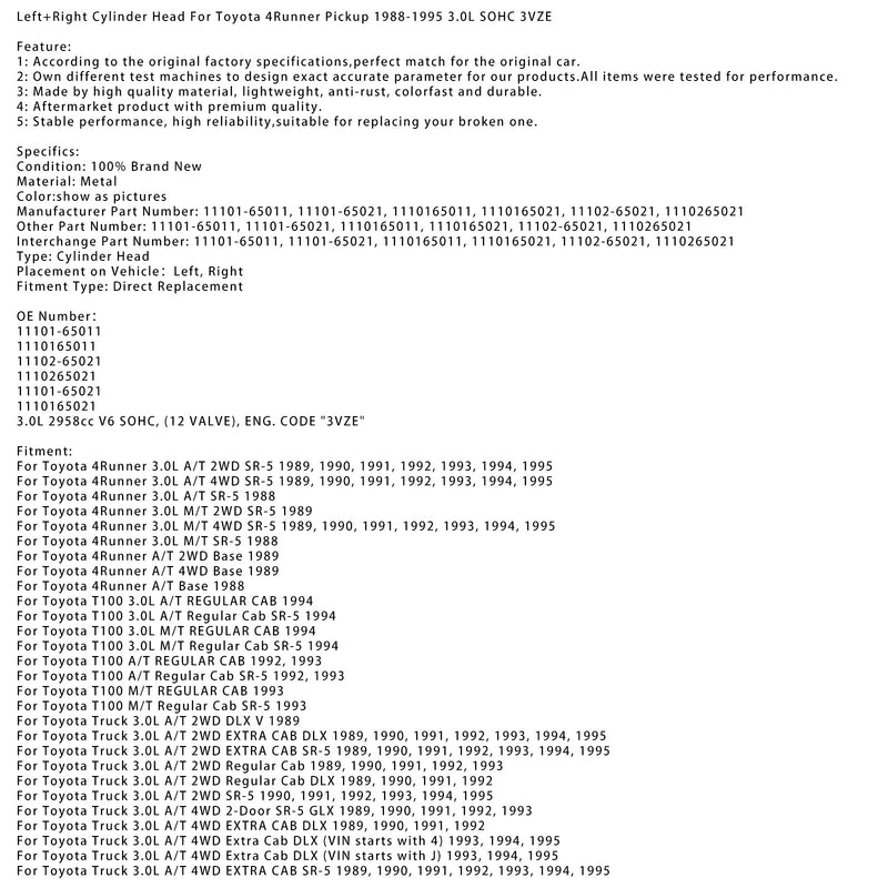 1989-1992 Toyota Truck 3.0LA/T 2WD Regular Cab DLX Cylinderhuvud Vänster+Höger 1110165011 1110165021 (kopia)