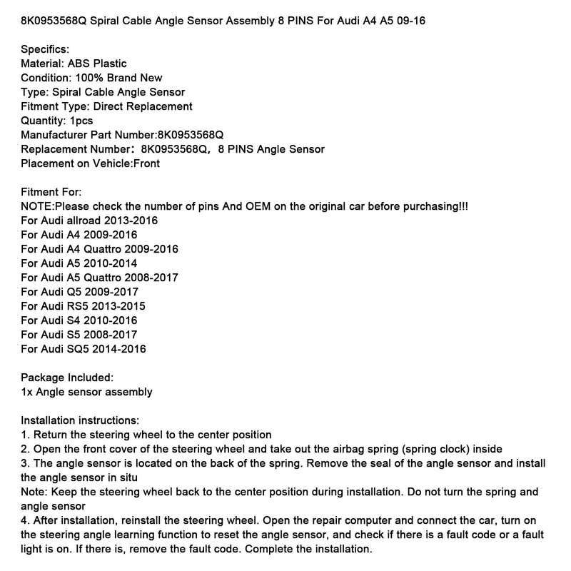 2014-2016 Audi SQ5 Spiral Cable Angle Sensor Assembly 8 PINS 8K0953568Q