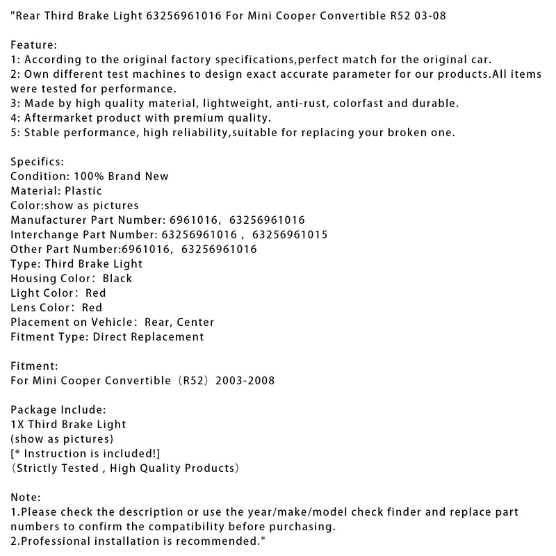 2003-2008 Mini Cooper Convertible R52 Rear Third Brake Light 63256961016 Red