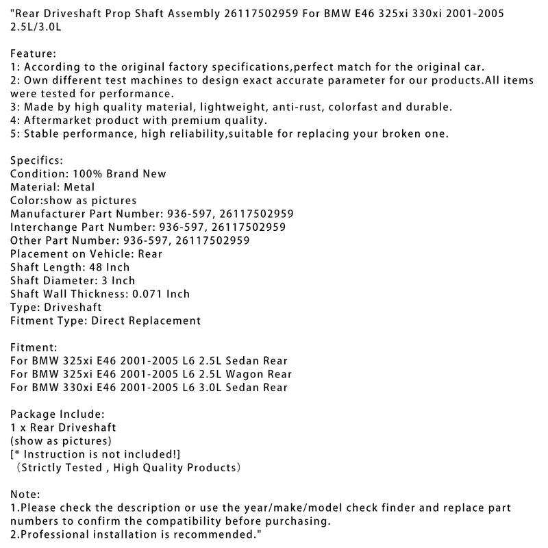 2001-2005 BMW 330xi E46 L6 3.0L Limousine Hintere Antriebswelle Gelenkwelle Baugruppe 26117502959 936-597