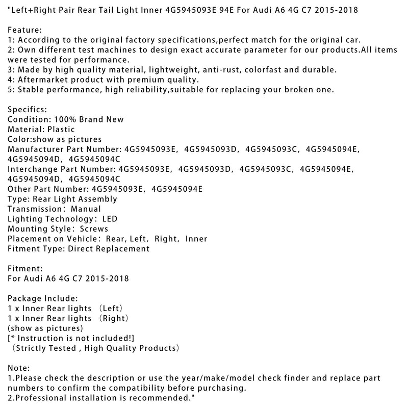 2015-2018 Audi A6 4G C7 Links+Rechts Paar Rücklicht innen 4G5945093E 94E