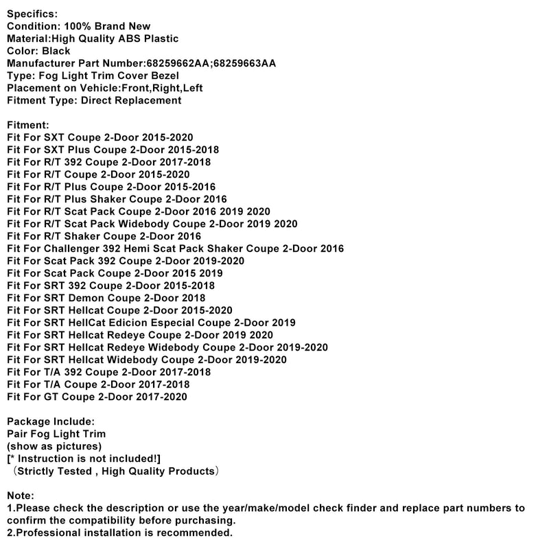 Paar Nebelscheinwerferverkleidung für Dodge Challenger 2015-2021 68259662AA