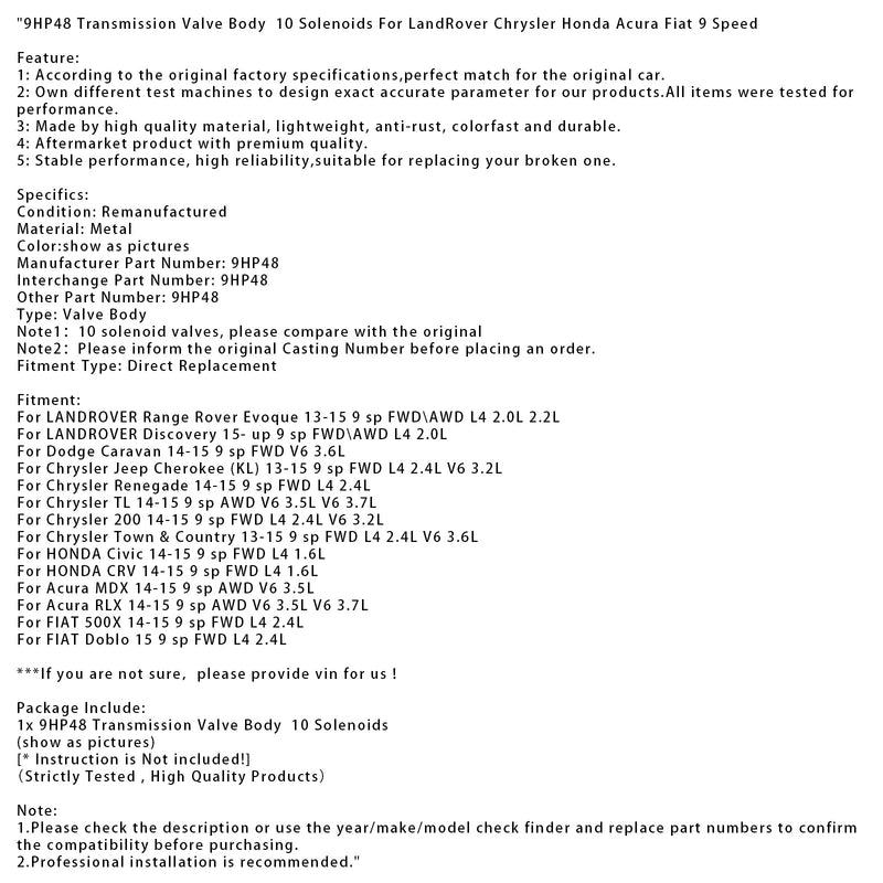 2014–2015 Honda Civic FWD L4 1.6L 9HP48 Getriebeventilblock, 10 Magnetventile, 9-Gang