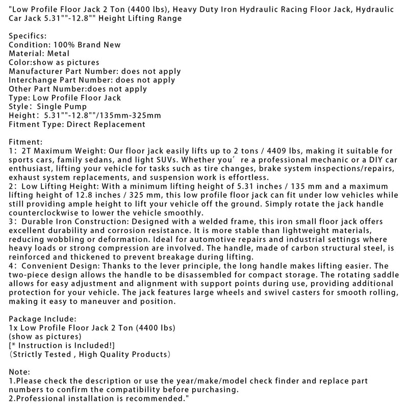 Niedriger Wagenheber, 2 Tonnen (4400 lbs), 5,31""-12,8"" Hubhöhe