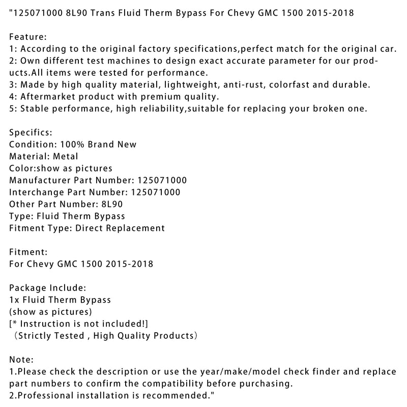 2015-2018 Chevy GMC 1500 8L90 Getriebeflüssigkeits-Thermo-Bypass 125071000