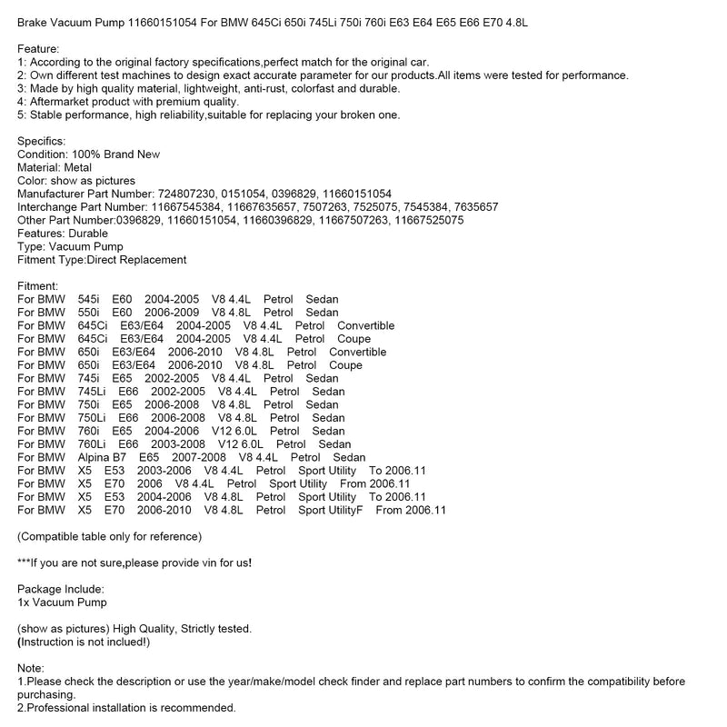 2006-2010 BMW 650i E63/E64 V8 4,8L bensin konvertibel bromsvakuumpump 11660151054