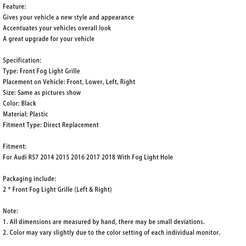 2014-2018 Audi RS7 Pair etupuskurin sumuvalolamppujen rungon säleikön suojat