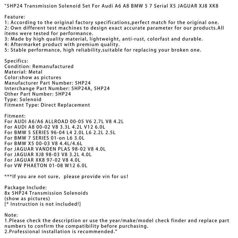 2000-2002 AUDI A8 V8 3.3L 4.2L V12 6.0L 5HP24 Sada elektromagnetu převodovky 5HP24 5HP24A