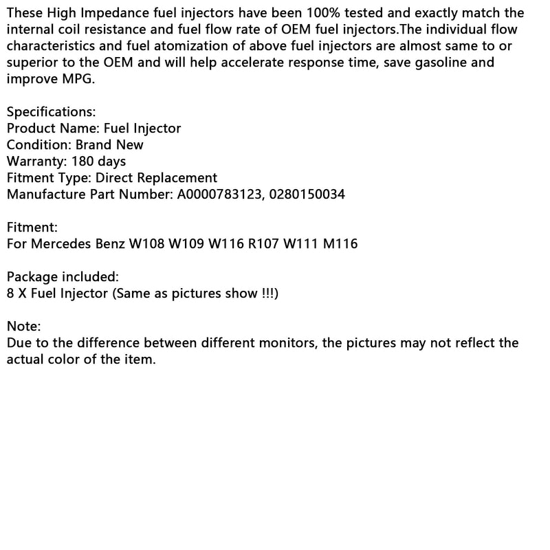 Mercedes W108 W109 W116 R107 W111 M116 8PCS Fuel Injector 0000783123