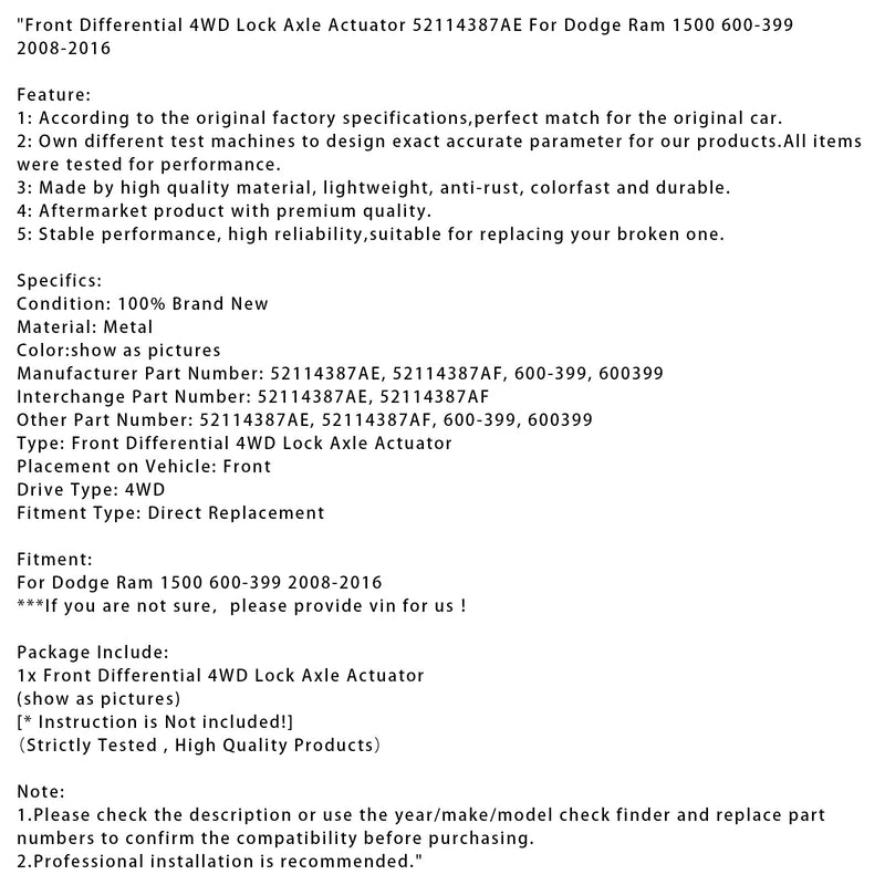 2008–2016 Dodge Ram 1500 600-399 Vorderachs-Sperrdifferenzial-4WD-Achsenaktuator 52114387AE 600399
