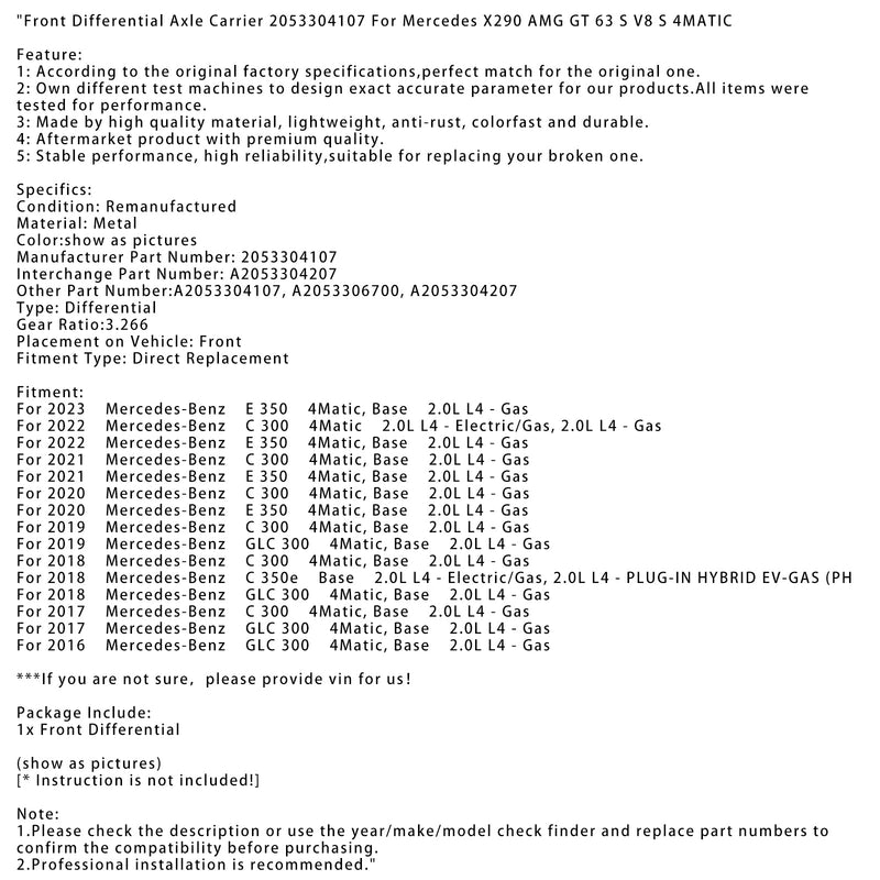 2017-2021 Mercedes-Benz C 300 4Matic, Base 2.0L L4 - Gasframaxelhållare med differential 2053304107 A2053306700