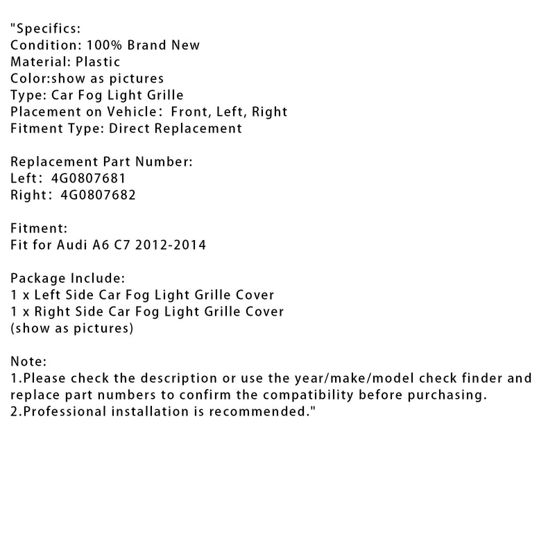 2012–2014 Audi A6 C7 1 par de luzes de nevoeiro da haste da haste da haste dianteira Abertura da capa
