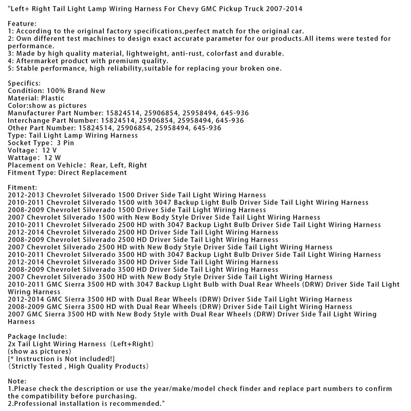 Links + Rechts Rücklicht Lampe Kabelbaum Für Chevy GMC Pickup Truck 2007-2014