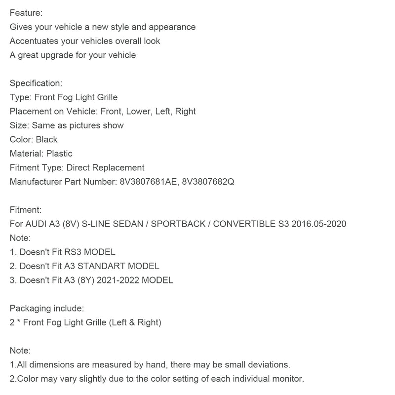 Sumuvalon suojus kehys Säleikkö Asenna AUDI A3 S-LINE 2017-2019 8V