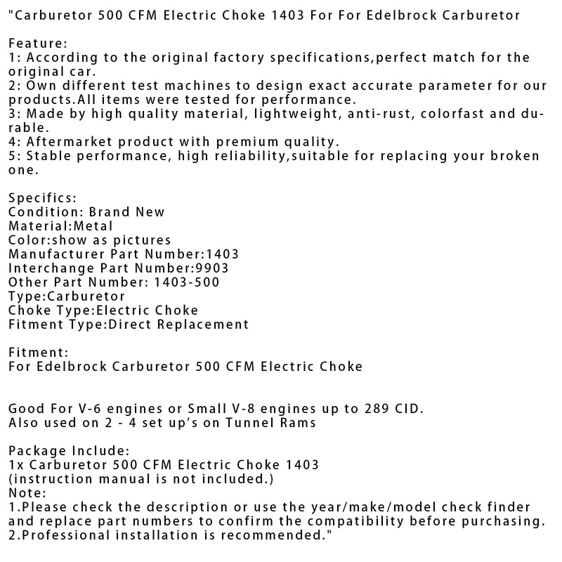 Edelbrock Carburetor 500 CFM Electric Choke Forgasser 500 CFM Electric Choke 1403