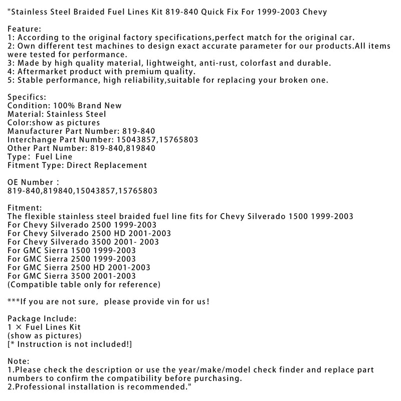 1999-2003 Chevy Silverado 2500 ruostumattomasta teräksestä punottu polttoaineletkusarja 819-840 pikakorjaus