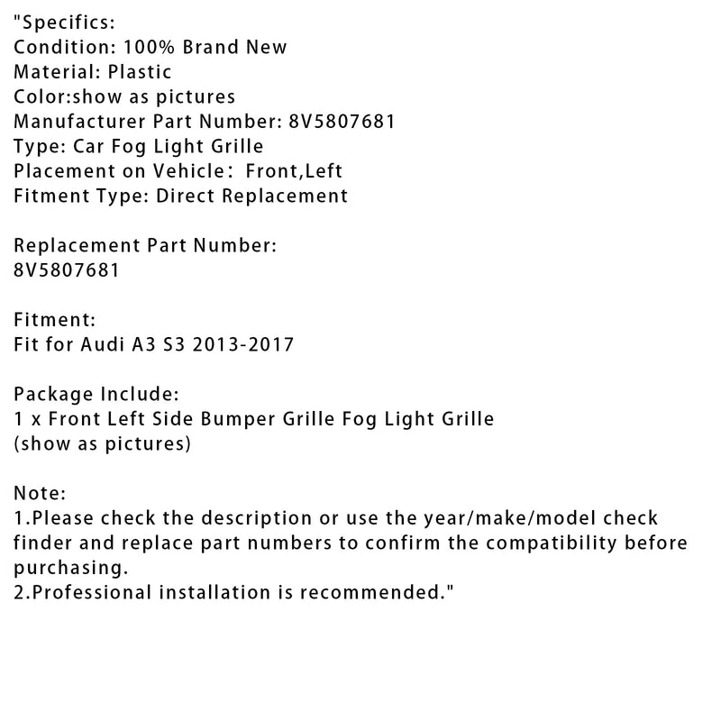 2013–2017 Audi A3 S3 zamlžená světla, levá strana, 8v5807681