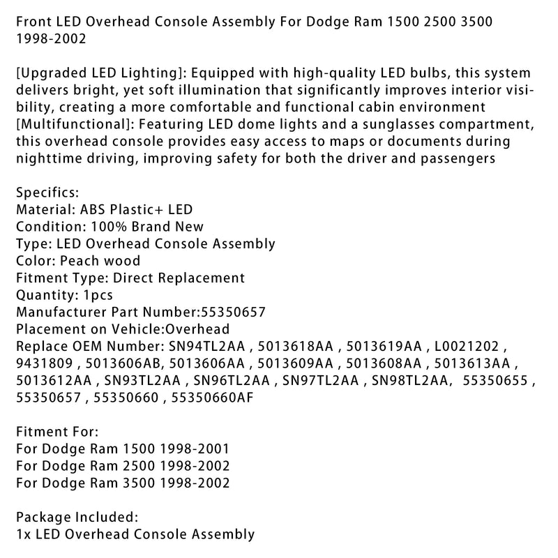 1998-2001 Dodge Ram 1500 Front LED Overhead Console Peach wood  SN94TL2AA  5013618AA