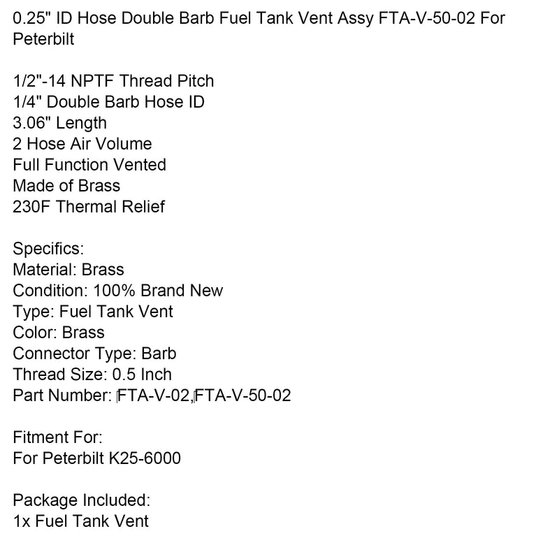 0,25 ""ID Schlauch Doppel Barb Kraftstoff Tank Vent Assy FTA-V-50-02 Für Peterbilt