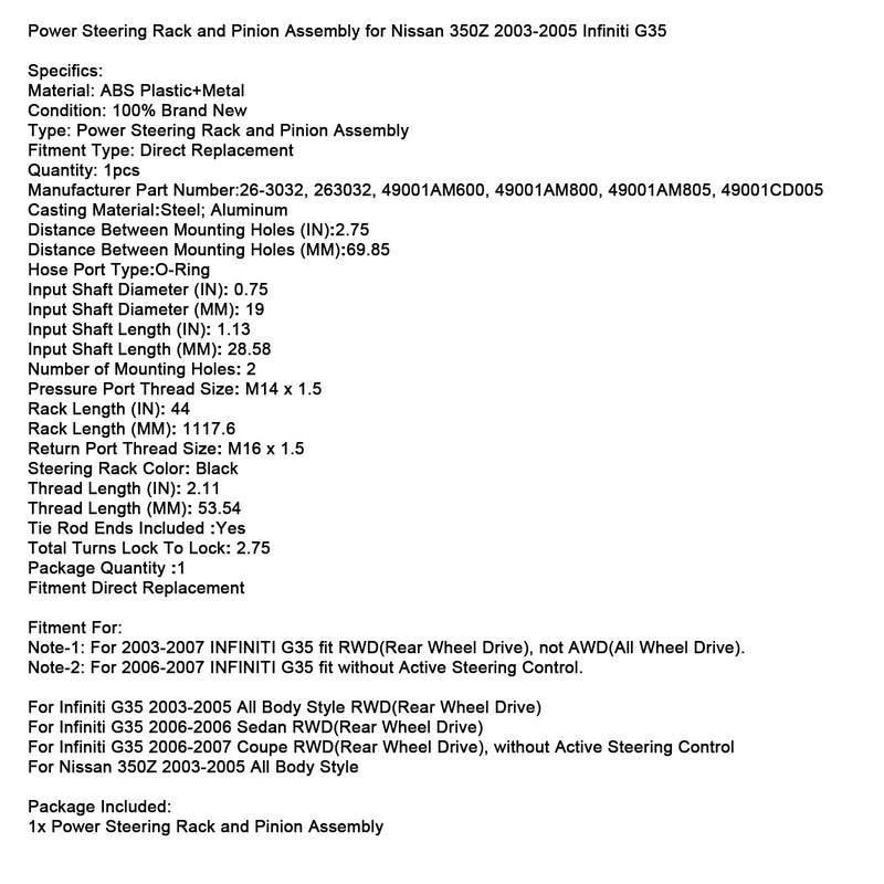 2003–2007 INFINITI G35 RWD (Hinterradantrieb) Servolenkung Zahnstange und Ritzel Montage 263032