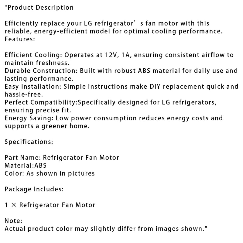 For LG High Performance Refrigerator Fan Motor EAU65058318 Parts 12V 1A