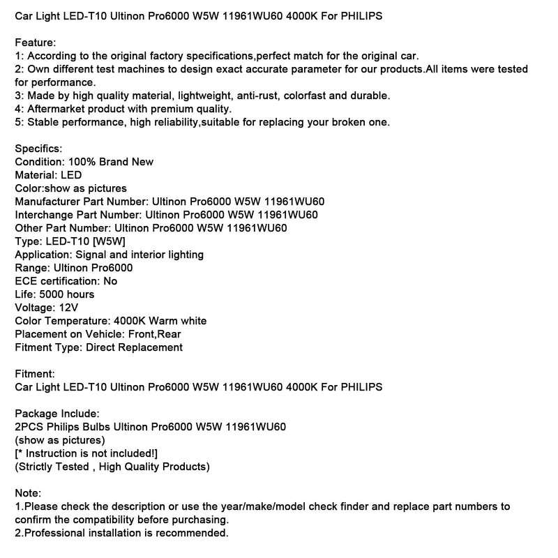 Auto Licht LED-T10 Ultinon Pro6000 W5W 11961WU60 4000K Für PHILIPS