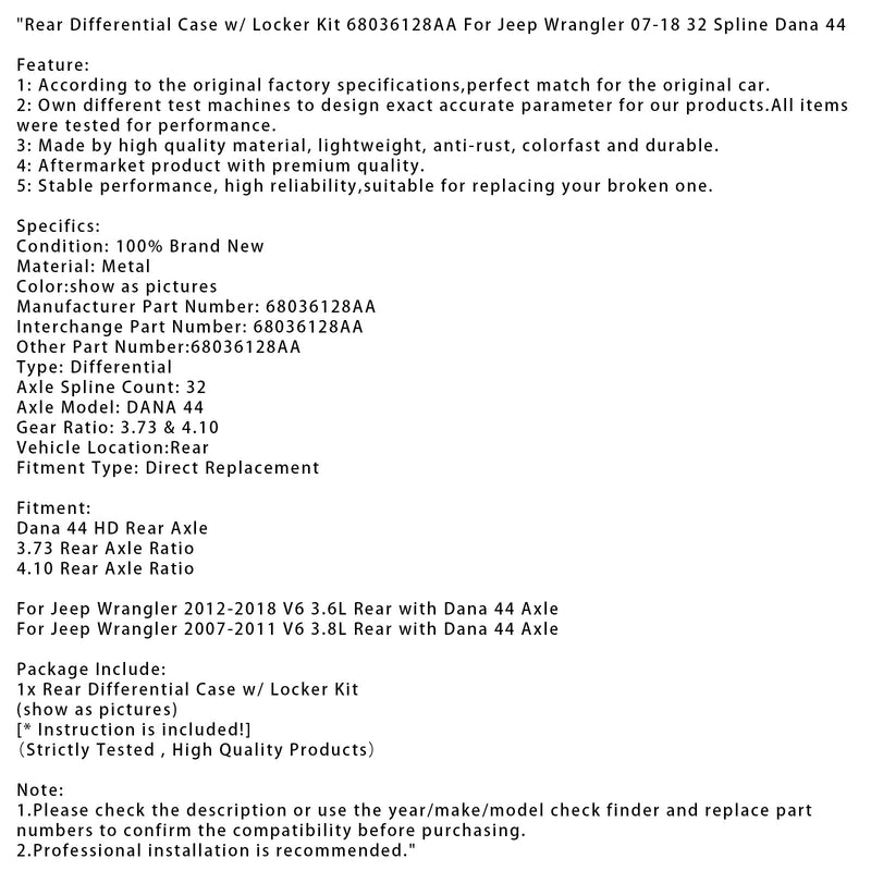 Rear Differential Case w/ Locker Kit 68036128AA For Jeep Wrangler 2007-2018