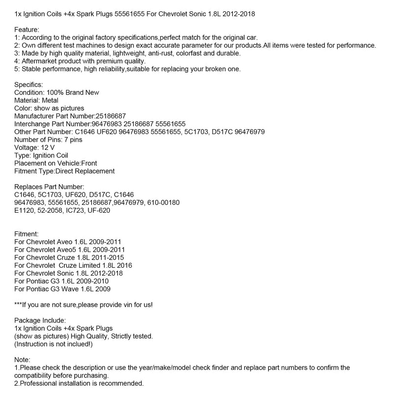 2011-2015 Chevrolet Cruze 1.8L 1 x bobinas de encendido + 4 x bujías 55561655