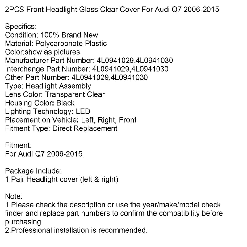 2PCS Front Scheinwerfer Glas Klar Abdeckung Für Audi Q7 2006-2015