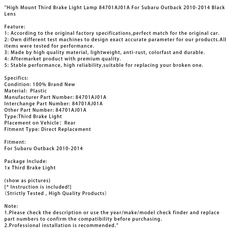 2010–2014 Subaru Outback High Mount Dritte Bremsleuchte Lampe 84701AJ01A BLK