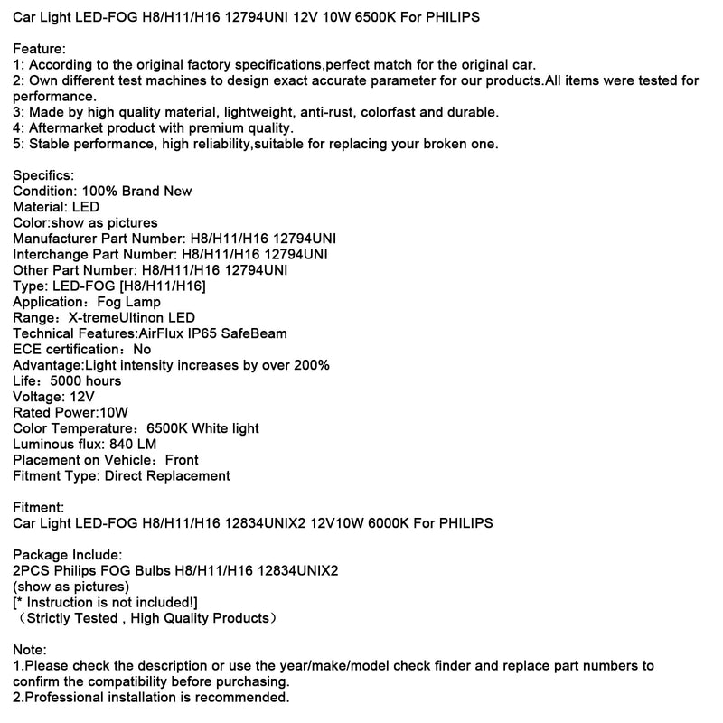 Auto Licht LED-NEBEL H8/H11/H16 12794UNI 12V 10W 6500K Für PHILIPS