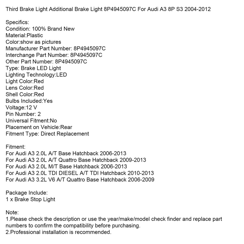 Dritte Bremsleuchte Zusatzbremsleuchte 8P4945097C Für Audi A3 8P S3 2004-2012