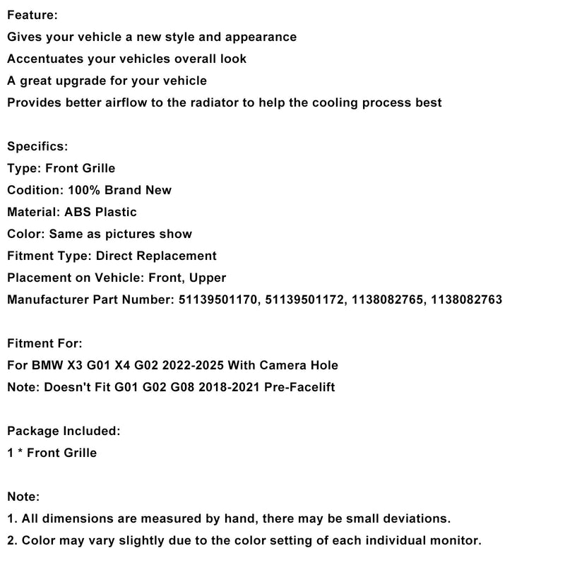 2022–2025 BMW X3 G01 X4 G02 Frontstoßstange Nierengrill glänzend schwarz 51139501170