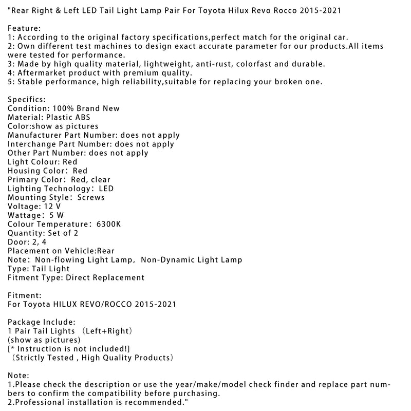 2015-2021 Toyota Hilux Revo Rocco ledde bakljuset på baksidan och vänster, par