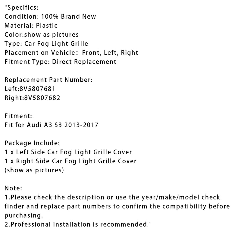 2013-2017 Audi A3 S3 2x Carra de haste da haste do piso da frente do piso da grade de neblina