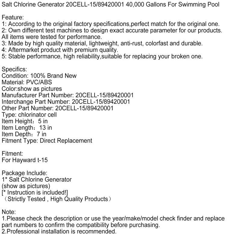 Sól Chlorgenerator 20 komórki 15/89420001 40 000 galonów dla basenów