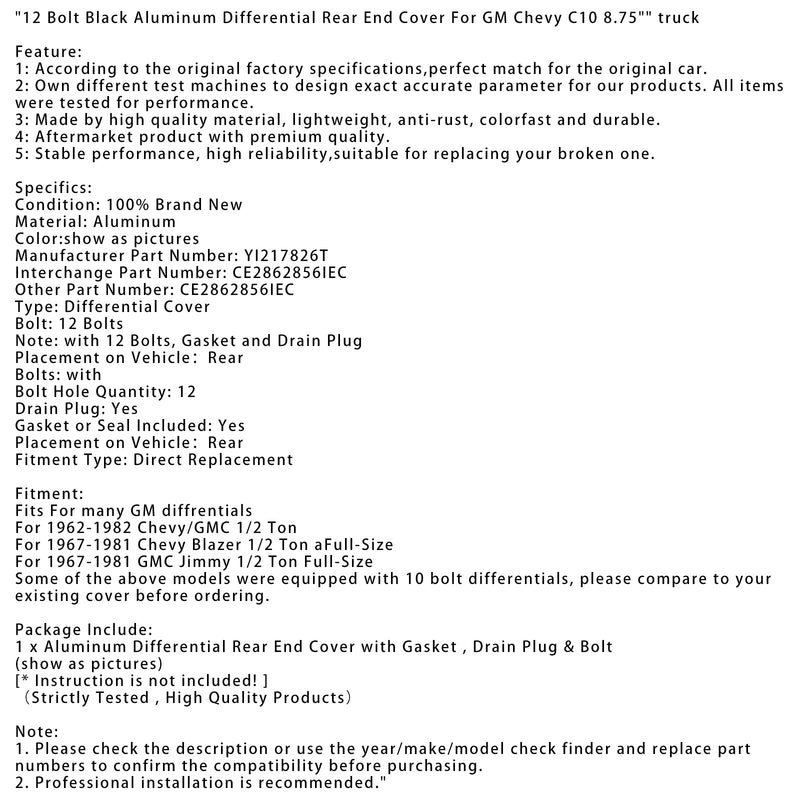 12 šroubů černý hliníkový diferenciální kryt sál pro GM Chevy C10 8.75 ""