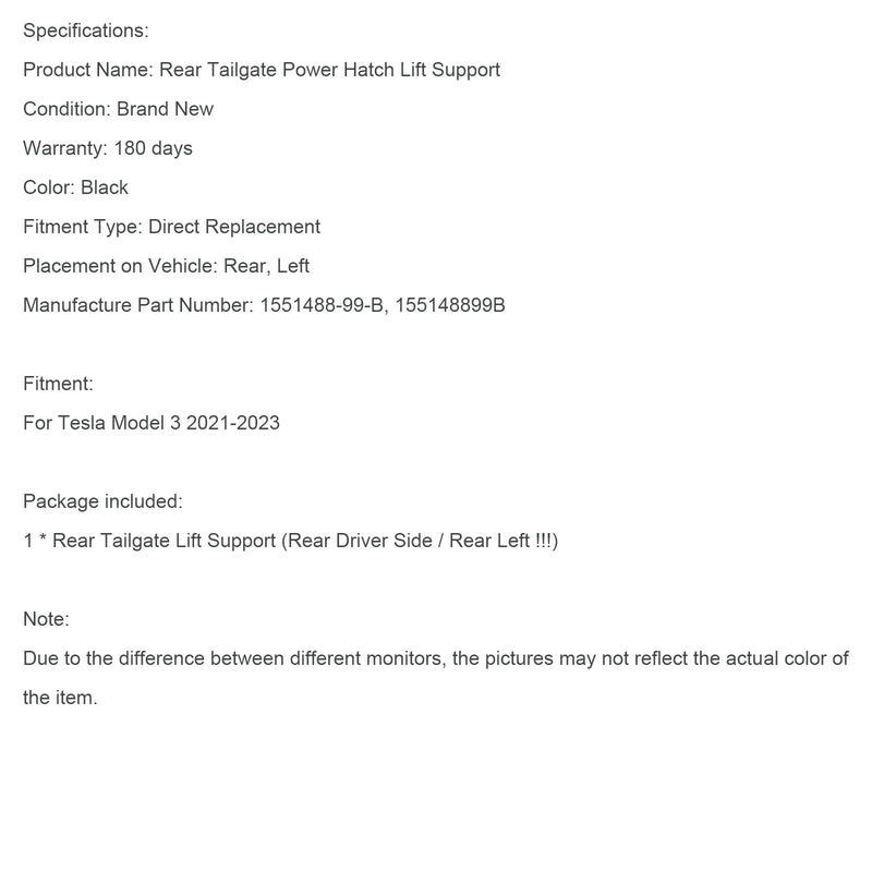 2021-2023 Tesla Model 3 Power Baklucka Power Lift Support Struthz Vänster sida