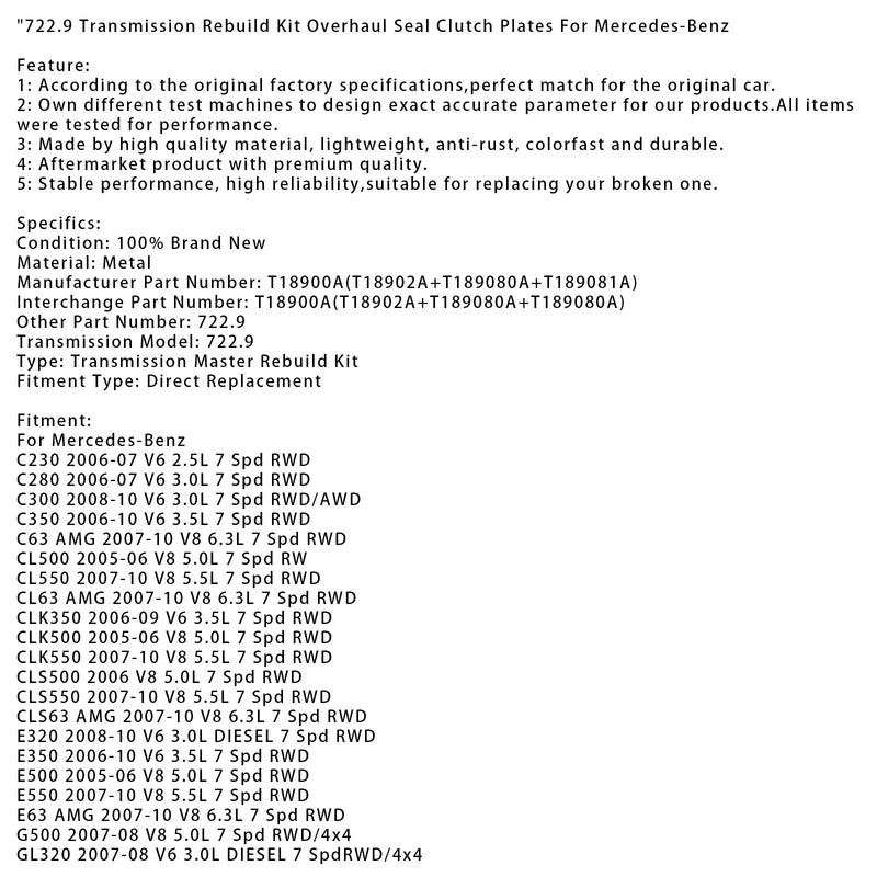 2007–2008 Mercedes-Benz ML320 V6 3,0 l Diesel 7 SpdRWD/4 x 4 722,9 Getriebe-Umbausatz Überholung Dichtung Kupplungsscheiben