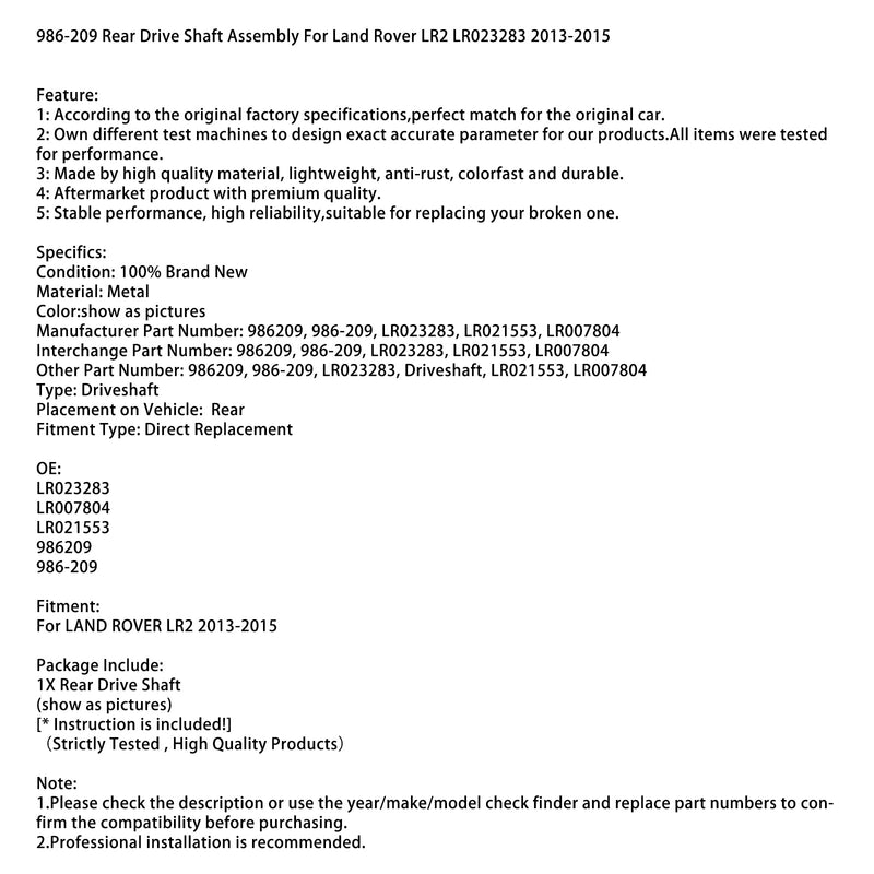 2013-2015 Land Rover LR2 LR023283 Rear Drive Shaft Assembly 986-209