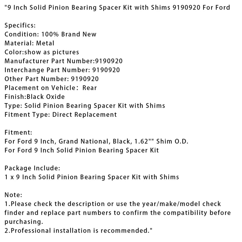 Kit de espaçador de armazenamento de pinhão sólido de 9 polegadas com fatias de distância 9190920 para Ford