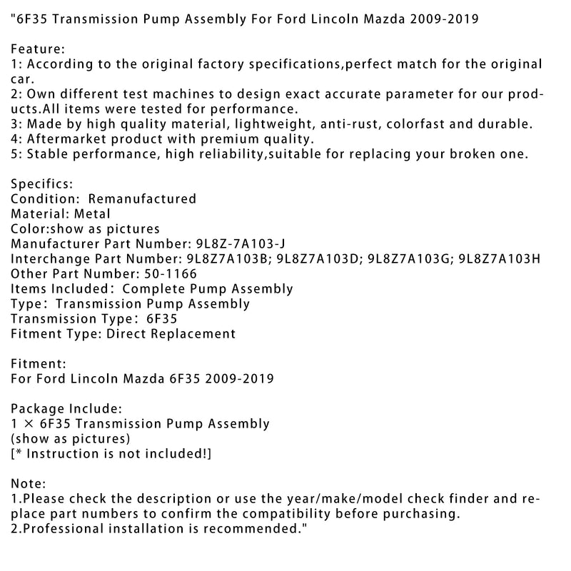 Grupa pomp skrzyni biegów 6F35 do Forda Lincolna Mazdy 2009-2019