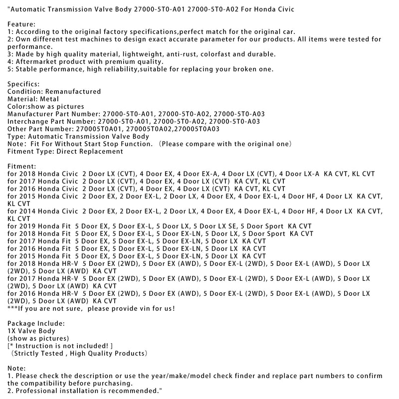Automatikgetriebeventilkörper 27000-5T0-A01 27000-5T0-A02 Für Honda Civic