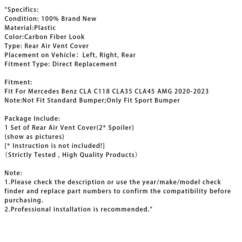 2020+ Benz CLA C118 CLA45 AMG Carbon Look Hintere Lüftungsabdeckung Für
