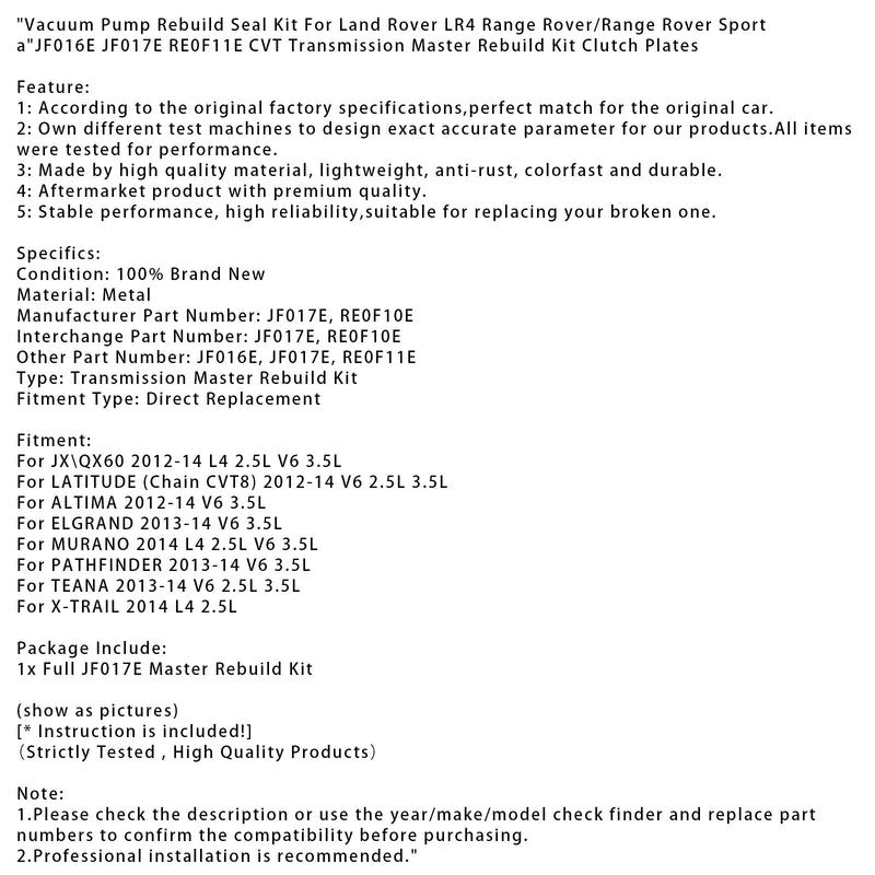 2012–2014 Altima V6 3,5 l CVT-Getriebe Master Rebuild Kit Kupplungsscheiben F016E JF017E RE0F11E