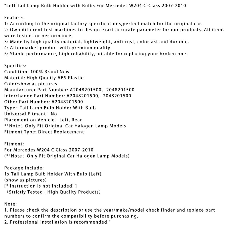 2007–2010 Mercedes W204 C-Klasse Linke Rückleuchte Lampenfassung mit Glühbirnen